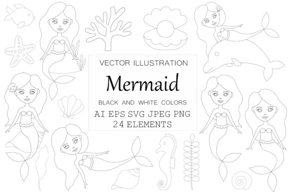 Mermaid Graphics. Mermaid Coloring for Embroidery Projects