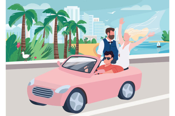 Newlywed Riding Car Flat Illustration: A Designer’s Perspective